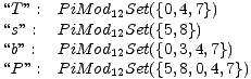 “T” : P iM od12Set({0,4,7})
 “s” : P iM od12Set({5,8})
 “b” : P iM od12Set({0,3,4,7})
 “P” : P iM od12Set({5,8,0,4,7})
 