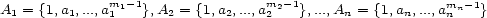  m1-1 m2-1 mn- 1 A1 = {1,a1,...,a1 },A2 = {1,a2,...,a2 },...,An = {1,an,...,an } 