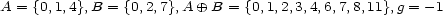 A = {0,1,4},B = {0,2,7},A o+ B = {0,1,2,3,4,6,7,8,11},g = -1 