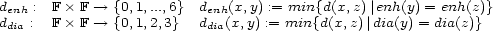 denh : F� F --> {0,1,...,6} denh(x,y) := min{d(x,z)|enh(y) = enh(z)} ddia : F� F --> {0,1,2,3} ddia(x,y) := min{d(x,z)|dia(y) = dia(z)} 